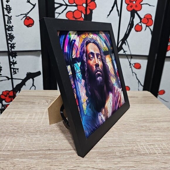 8x8 Black Jesus Stained Glass Wall Art Watercolor Oil Painting Framed Print - Picture 5 of 9
